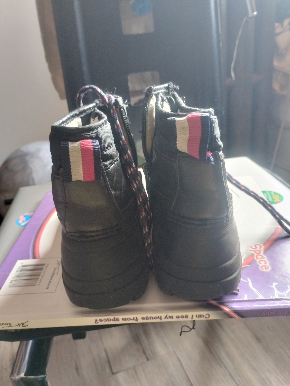 Kids Black Ankle Winter Boots with Tricolor Pull Tab